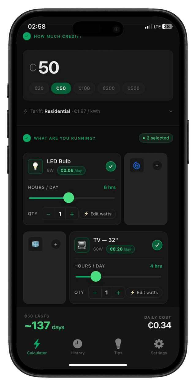 PowerCalc GH app showing your ₵100 will last 6 days